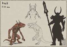 three different types of monsters are depicted in this drawing