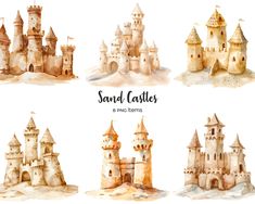 watercolor sand castles set on white background