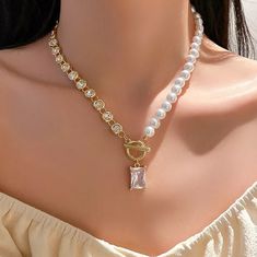 Korean Style Pearl Choker Necklaces For Women Square Crystal Pendant Necklaces Jewelry Accessories Trendy Silver Jewelry With Pearl Pendant, Square Crystal, Trending Necklaces, Neck Accessories, Crystal Pendant Necklace, Pearl Choker Necklace, Necklaces Jewelry, Crystal Necklace Pendant, Pearl Choker