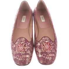 Women’s Rounded Square-Toe Loafers With Woven Trim And Stacked Heels. Includes Dust Bag. Gold Thread, Silk Lining, Suede Trim Midsole, Leather Sole With Rubber Inset. Made In Italy. Excellent Condition. Comes With Dust Bag. Small Interior Stain On One Shoe. Elegant Pink Loafers With Round Toe, Elegant Pink Almond Toe Loafers, Pink Closed Toe Formal Loafers, Pink Formal Loafers With Closed Toe, Formal Pink Closed Toe Loafers, Pink Almond Toe Flats For Formal Occasions, Formal Pink Almond Toe Flats, Elegant Pink Slip-on Flats, Prada Pink