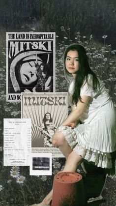 a woman sitting on top of a fire hydrant next to a newspaper advertisement for mutski