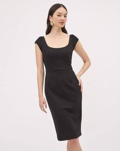 Simple, yet super elegant, this beautiful dress featuring adorable cap sleeves and a flattering scoop neckline is just the black dress you need. A timeless piece to add to your wardrobe, this dress fits perfectly for any occasion.
 
Fit & Cut
- Fitted: Designed to fit close to the body
- Cap sleeves
- 40" front body length (size 8)

Design Details
- Crepe knit
- Scoop neckline
- Side zipper closure
- Below-the-knee length Fashion Mistakes Woman, Dress With Fishnets, 10 Winter Outfits, The Black Dress, Street Style Fall Outfits, Chic Scarves, Little Black Dresses, Stunning Outfits, Dresses Dresses