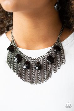 Infused with a row of faceted black teardrops, mismatched strands of gunmetal chains stream from the bottom of a glistening gunmetal chain, creating a statement-making fringe below the collar. Features an adjustable clasp closure. Sold as one individual necklace. Includes one pair of matching earrings. Paparazzi Jewelry Images, Fringe Necklace, Paparazzi Accessories, White Rhinestone, Black Necklace, Chic Jewelry, Paparazzi Jewelry, Short Necklace, Boutique Jewelry