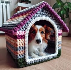 a dog is sitting in a crocheted house