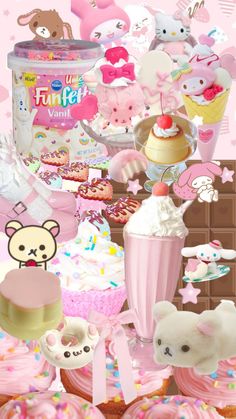 a collage of pink and white items including cupcakes, cakes, candies