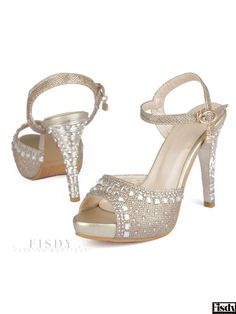 Fisdy - Opulent Gold Evening Shoes for Women: Peep Toe High Heel Sandals Embellished with Rhinestones - Ideal Choice for Distinguished Mothers of the Bride Gold Evening Shoes, Mother Of The Bride Shoes, Bride Sandals, Heel Sandals For Women, Bridal Pumps, Ankle Strap Chunky Heels, Shoes Elegant, Rhinestone High Heels, Elegant High Heels