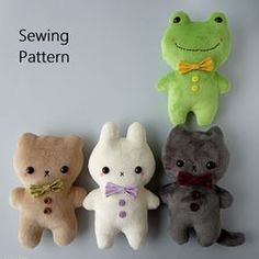 four stuffed animals are lined up in a row with the words sewing pattern below them