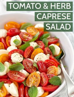 tomato and herb caprese salad in a white bowl with the title above it