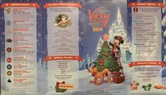 the mickey mouse christmas tree is shown in front of a snow - covered background with information about it