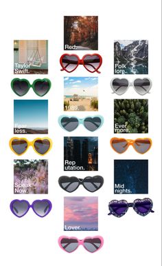 heart sunglasses for each taylor swift album Taylor Swift Accessories Diy, Matching Taylor Swift Outfits, Taylor Swift Albums, Eras Outfits, Era Tour