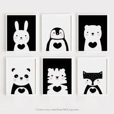 four black and white pictures with animals in the middle, one has a heart on it