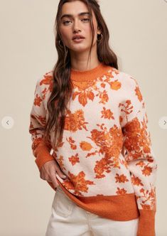 Refined floral design crew neck knit sweater Rose Sweater, Floral Sweater, Maternity Sweater, Sweater Coats, Long Sweaters, Maternity Clothes, Socks Women, Crew Neck Sweater, Set Dress