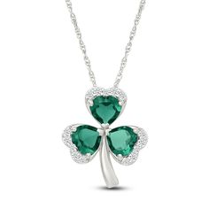 This darling three-leaf clover necklace could be your lucky charm. Sterling silver The pendant showcases a trio of heart-shaped lab-created emeralds, each edged in round white lab-created sapphires 18-inch rope chain with spring ring clasp Jewelry Style Guide, Wedding Band Styles, Anniversary Wedding Band, Jewelry Staples, Jared The Galleria Of Jewelry, White Lab, Lab Created Emerald, Clover Necklace, Jewelry Rings Diamond