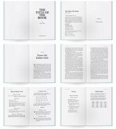 six pages of an open book with the title in black and white, all lined up