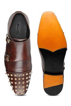 Brown leather shoes with black spikes stitched as enzo shaped double monks. - Aza Fashions Men Footwear, Brown Leather Shoes, Aza Fashion, Leather Shoes, Cocoa, Brown Leather, Shells, Leather, Black