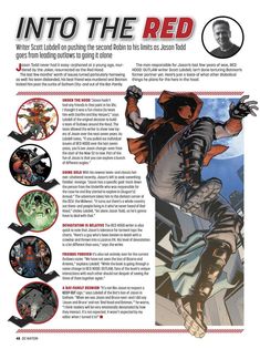 an article in the comic book into the red, with pictures of characters and their names