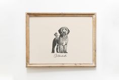 a black and white drawing of a dog in a frame with the word poodle on it