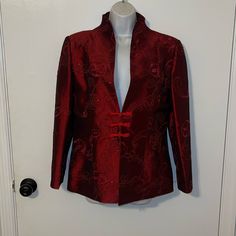 Nwot Elegant Jacket Hand Made Size M Knotted Buttons Very Nice Details Embroidery Sequins Designs Dark Red Measurements: Armpit To Armpit 17” Length 27” Red Stand Collar Blazer For Winter, Fitted Outerwear With Floral Embroidery And Stand Collar, Fitted Outerwear With Stand Collar For Evening, Fitted Evening Outerwear With Stand Collar, Festive Fitted Outerwear With Floral Embroidery, Formal Winter Outerwear With Floral Embroidery, Winter Formal Outerwear With Floral Embroidery, Festive Fitted Floral Embroidery Outerwear, Elegant Silk Outerwear With Floral Embroidery