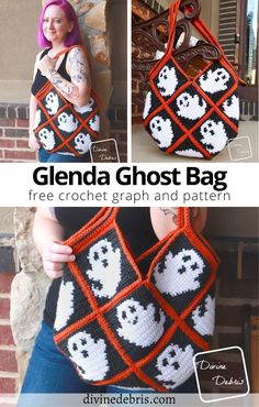 a crocheted bag with ghost faces on it and the words, free crochet