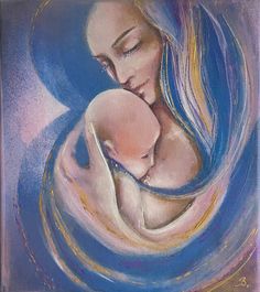 a painting of a woman holding a baby in it's arms with her eyes closed