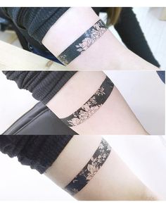 three different images of a woman's arm with flowers on it and the same wristband