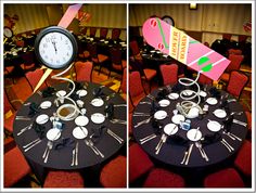 two pictures of a table with plates and cups on it in front of a clock