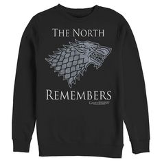 Winter is coming! Don't find yourself out in the cold without one of these officially licensed Game of Thrones styles! Even the White Walkers will seem friendlier if you're wearing a fun GOT design. Celebrate the award-winning television series, Game of Thrones, with this North Remembers Symbol Men's Graphic Crewneck Sweatshirt featuring the phrase: " The North Remembers," along with the emblematic wolf of House Stark. The night may be dark and full of terrors, but that doesn't mean your fashion Winter Fan Apparel Hoodie, Winter Fan Merchandise Hoodie, Pop Culture Fan Merchandise Hoodie For Winter, Fleece Crew Neck Outerwear With Graphic Print, Winter Fleece Tops For Fans, Winter Fan Apparel Hoodie With Logo Print, Winter Fan Merchandise Crew Neck Hoodie, Winter Streetwear Pre-shrunk Sweater, Winter Cotton Outerwear For Fan Merchandise