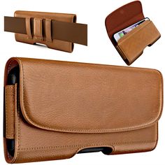 a cell phone case and belt is shown in three different angles, including one for the camera