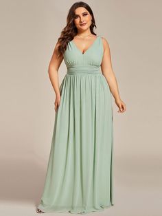 Plus Size Sleeveless V-Neck Semi-Formal Chiffon Bridesmaid Dress #color_Mint Green Sage Green Bridesmaid Dresses Plus Size, Formal Dresses For Apple Shaped Women, Dresses For Apple Shaped Women, Matron Of Honor Dresses, Curvy Bridesmaid Dresses, Chiffon Formal Dress, Mint Green Bridesmaid Dresses, June Dress, Sage Bridesmaid Dresses