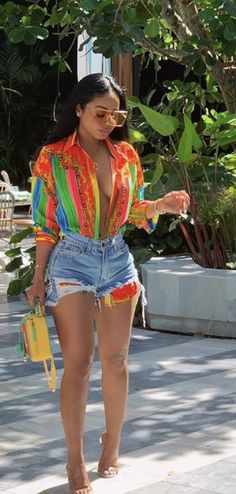 Black Blouse And Shorts Outfit, Denim Shorts And Blouse Outfit, Short Jeans And T Shirt Outfit, Neon Blouse Outfit, Jean Shorts Outfit Vacation, Birthday Shorts Outfit, Black Shirt And Jean Shorts Outfit, Neon Brunch Outfit, Shorts And Blouse Outfit Black Women