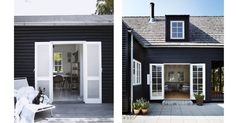 two pictures side by side of a black house with white shutters and an open door