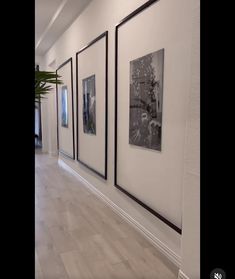 three black and white pictures hanging on the wall next to each other in a hallway