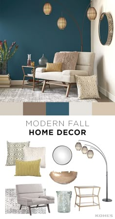 modern fall home decor in shades of blue, beige and green with text overlay