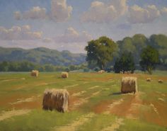 a painting of hay bales in a field