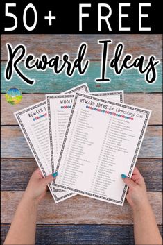 hand holding four reward ideas with text overlay that reads, 100 + free reward ideas