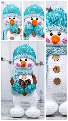 four different pictures of a snowman made out of crocheted yarn and buttons