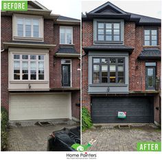 before and after photos of a home's exterior with new windows, garage doors, and brick pavers