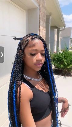 ˚୨୧⋆ @bella2angel Braided Hairstyles With Blue Hair, Braids Hairstyles For Graduation, Blue And Black Hair Braids, Back To Hairstyles For Black Teens, Black And Blue Goddess Braids, Cute Prom Hairstyles For Long Hair, Braids Blue And Black, Blue Braids Black Women, Blue Braids Hairstyles