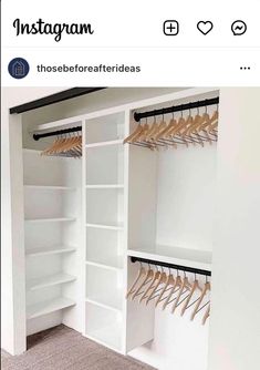 an empty white closet with clothes hanging from the ceiling and two shelves on each side