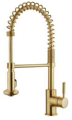 a brass colored kitchen faucet with an open spout