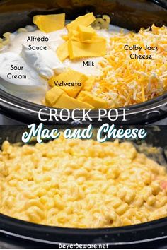 crock pot mac and cheese recipe in the crock pot with text overlay