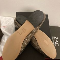 **Price Is Firm** - Brand New, Never Worn - Crystal Style - Size: 37.5 Gz Runs Half Size Smaller, It Will Fit For Size 36.5-37 Party Slip-on Flats With Leather Sole, Slip-on Flats With Leather Sole For Party, Luxury Almond Toe Flats For Party, Designer Evening Flats With Leather Sole, Designer Evening Flats With Flat Heel, Elegant Party Flats With Studded Rubber Outsoles, Leather Flats Women, Black Suede Flats, Metallic Flats