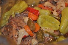 the meat and vegetables are being cooked in the slow cooker to make soup or stew