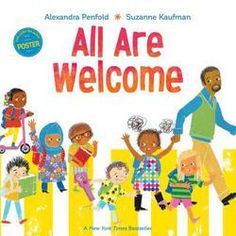 all are welcome book cover with children standing in front of yellow bars and the words,'all are welcome '