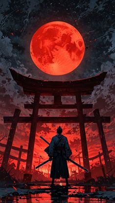 a man standing in front of a red full moon with two swords on his shoulder