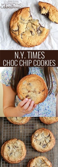 chocolate chip cookies on a cooling rack with the words ny times choc chip cookies