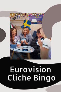 a group of people sitting around a table with cards in front of them and the words eurovisione bingo on it