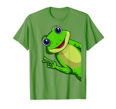 a green t - shirt with a smiling frog on it's chest and eyes