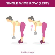 a woman is doing kettle squats with the words, single wide row left