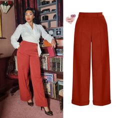 We're proudly introducing these classic high-waisted wide-leg trousers, made here in the UK. Inspired by glamorous Hollywood actresses Marlene Dietrich and Katherine Hepburn, these trousers are designed to flatter all body shapes. The high-waisted design cinches the waist. Plus, the darts at the back flatter your curves and lengthen your legs. Our design features practical pockets at the front, and we use the best zipper for a smooth and reliable closure. The button detail is made from beautiful Classic Wide Leg Culottes, Retro Wide Leg Pants For Fall, Retro Wide Leg Solid Bottoms, Retro Wide Leg Pants For Work In Fall, Classic Fitted Culottes For Work, Retro Wide-leg Pants With Pockets, Retro High Waist Solid Bottoms, Retro Fitted High-waisted Wide Leg Pants, Retro Wide Leg Solid Color Pants